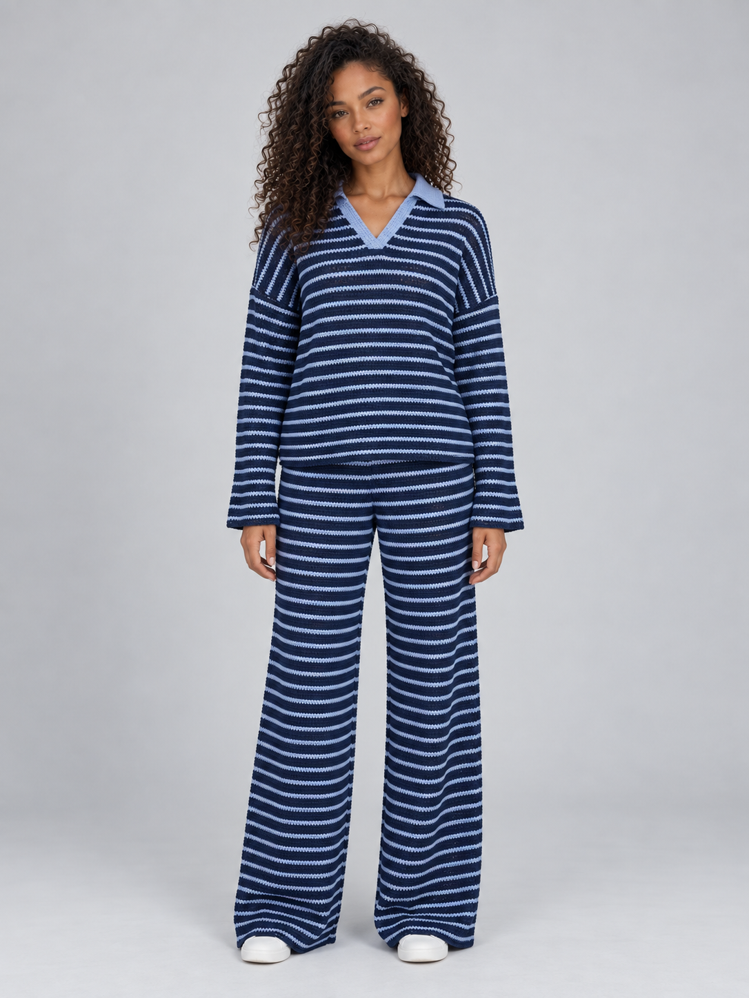 Women’s Striped Knit Two-Piece Set – Collared Jumper & Wide Leg Trousers