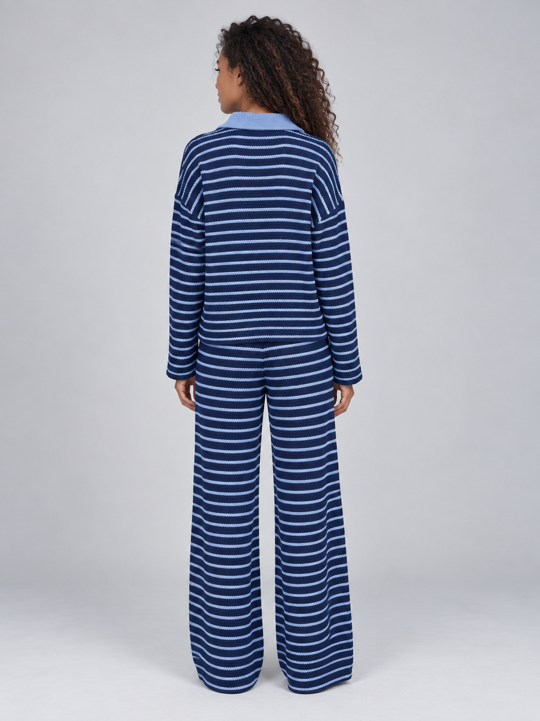 Women’s Striped Knit Two-Piece Set – Collared Jumper & Wide Leg Trousers
