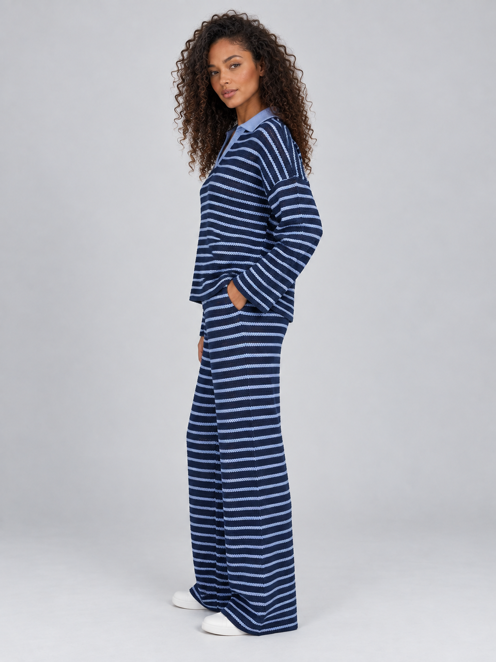 Women’s Striped Knit Two-Piece Set – Collared Jumper & Wide Leg Trousers