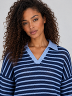 Women’s Striped Knit Two-Piece Set – Collared Jumper & Wide Leg Trousers