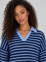 Women’s Striped Knit Two-Piece Set – Collared Jumper & Wide Leg Trousers