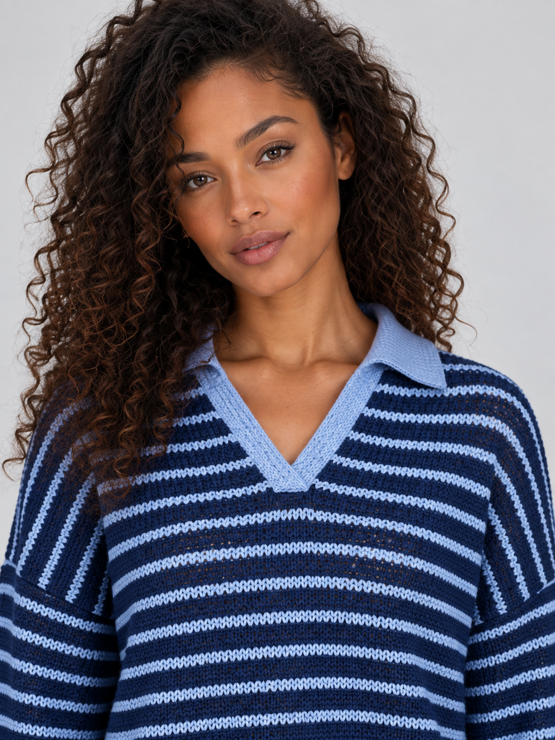 Women’s Striped Knit Two-Piece Set – Collared Jumper & Wide Leg Trousers