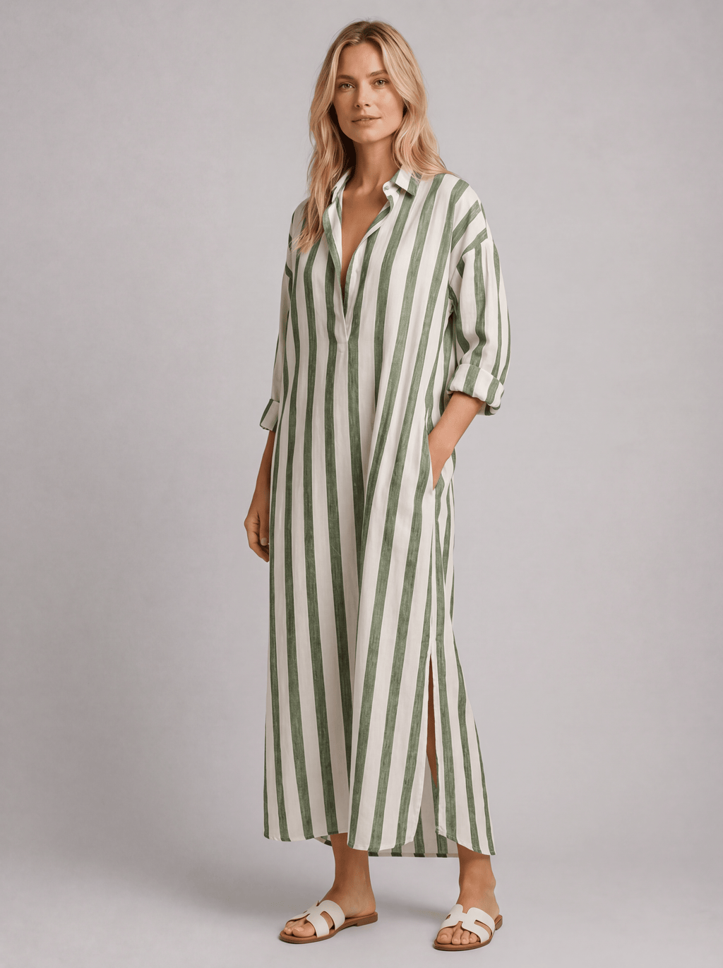 Women’s Striped Shirt Dress with Pockets – Long Relaxed Fit
