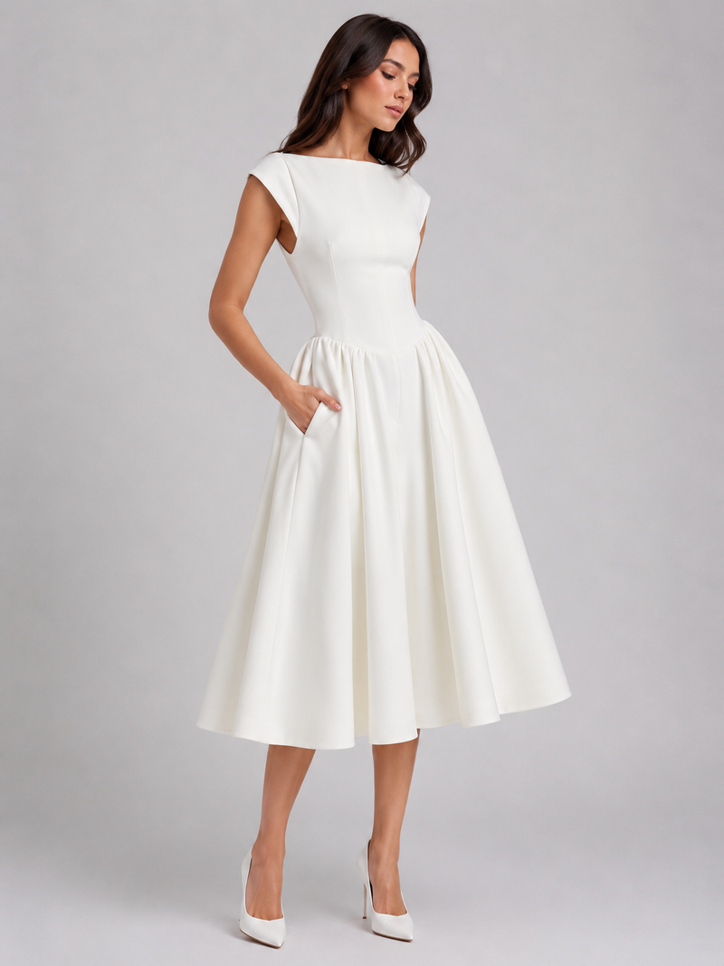 Women’s Structured Cap Sleeve Midi Dress – Elegant Occasion Style