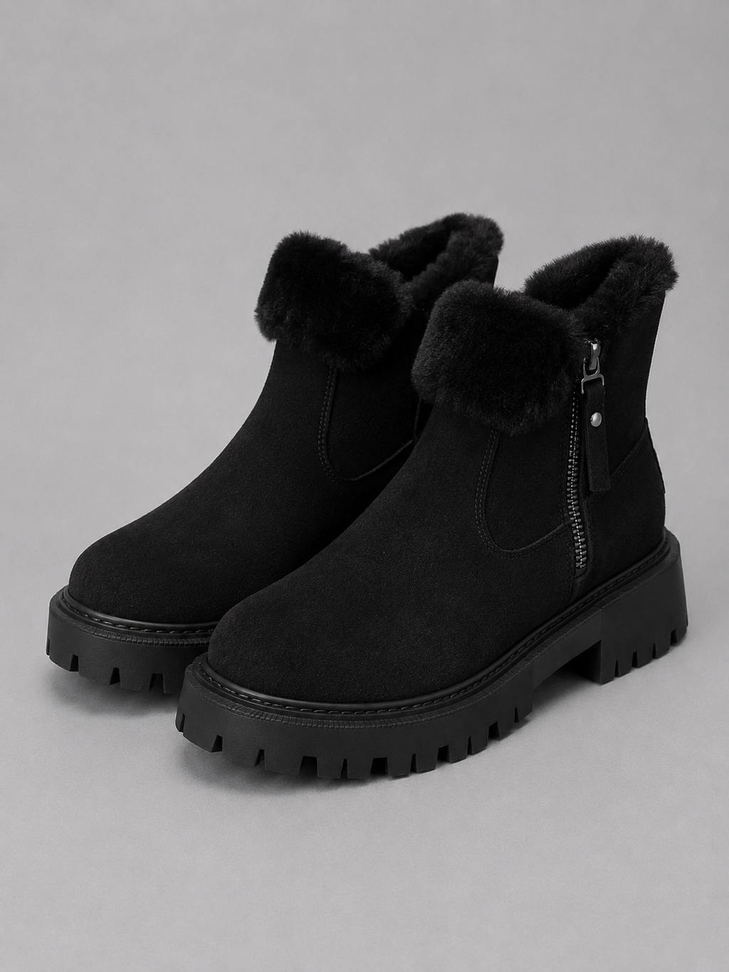 Women’s Suede Ankle Boots – Faux Fur Lined Chunky Winter Shoes