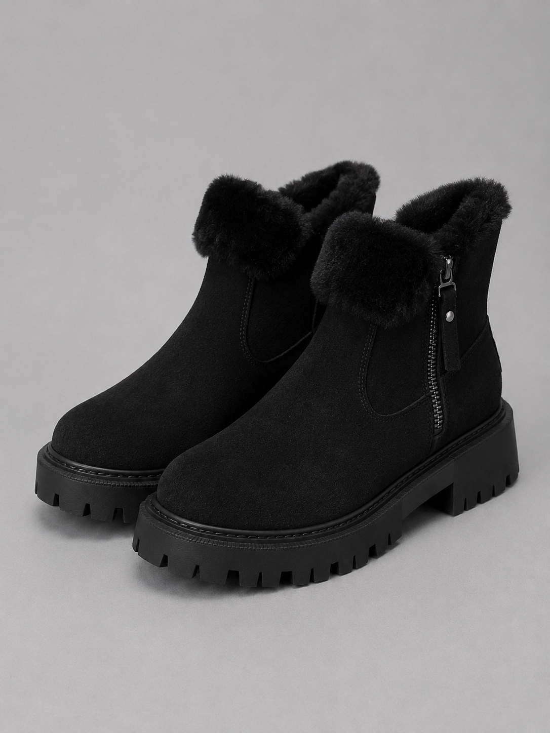 Women’s Suede Ankle Boots – Faux Fur Lined Chunky Winter Shoes