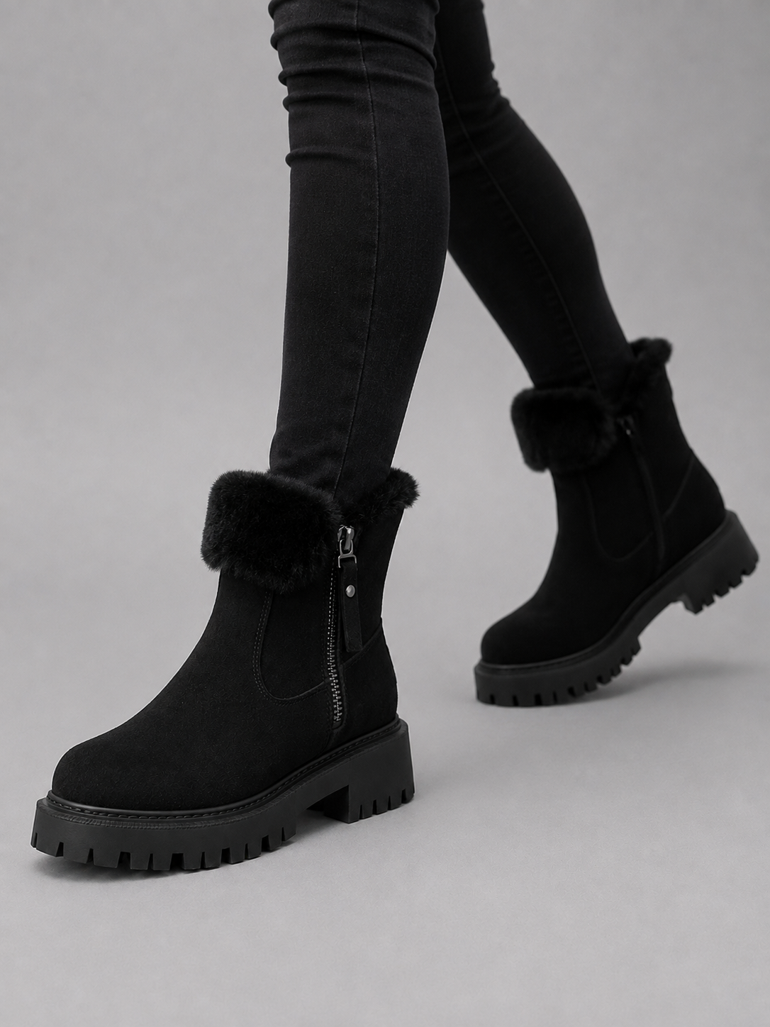 Women’s Suede Ankle Boots – Faux Fur Lined Chunky Winter Shoes