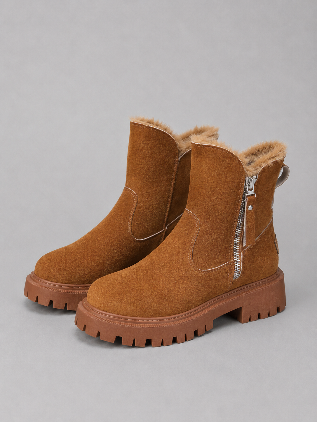 Women’s Suede Ankle Boots – Faux Fur Lined Chunky Winter Shoes