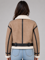 Women's Suede Look Cropped Aviator Jacket – Teddy Lined Biker Coat