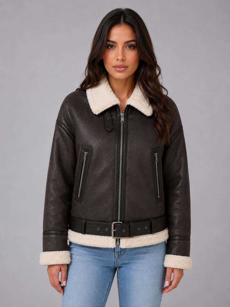 Women's Suede Look Cropped Aviator Jacket – Teddy Lined Biker Coat