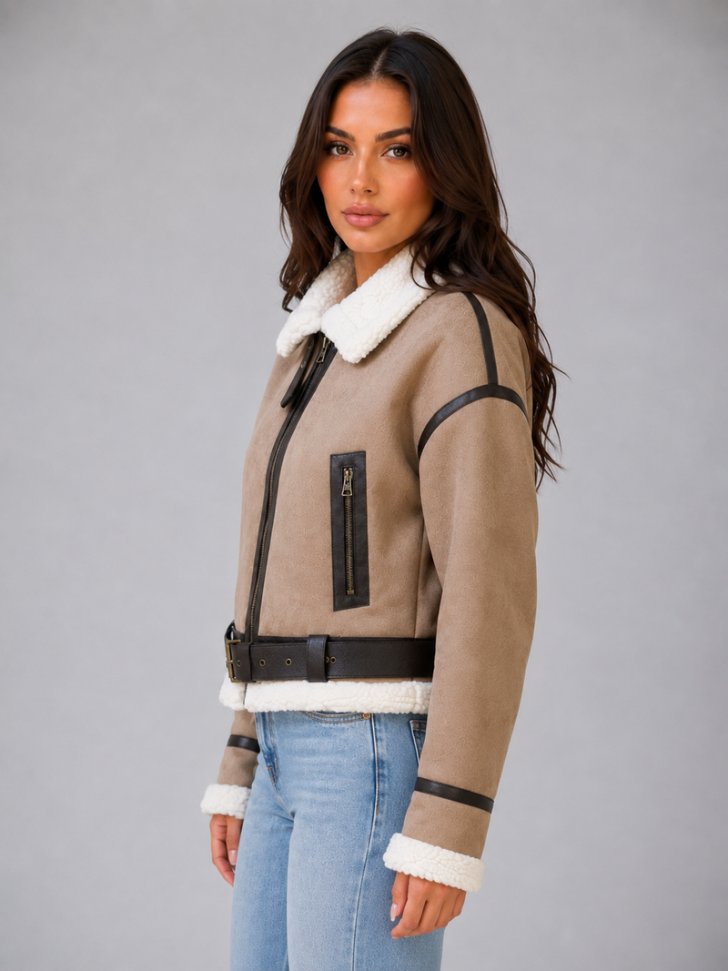 Women's Suede Look Cropped Aviator Jacket – Teddy Lined Biker Coat