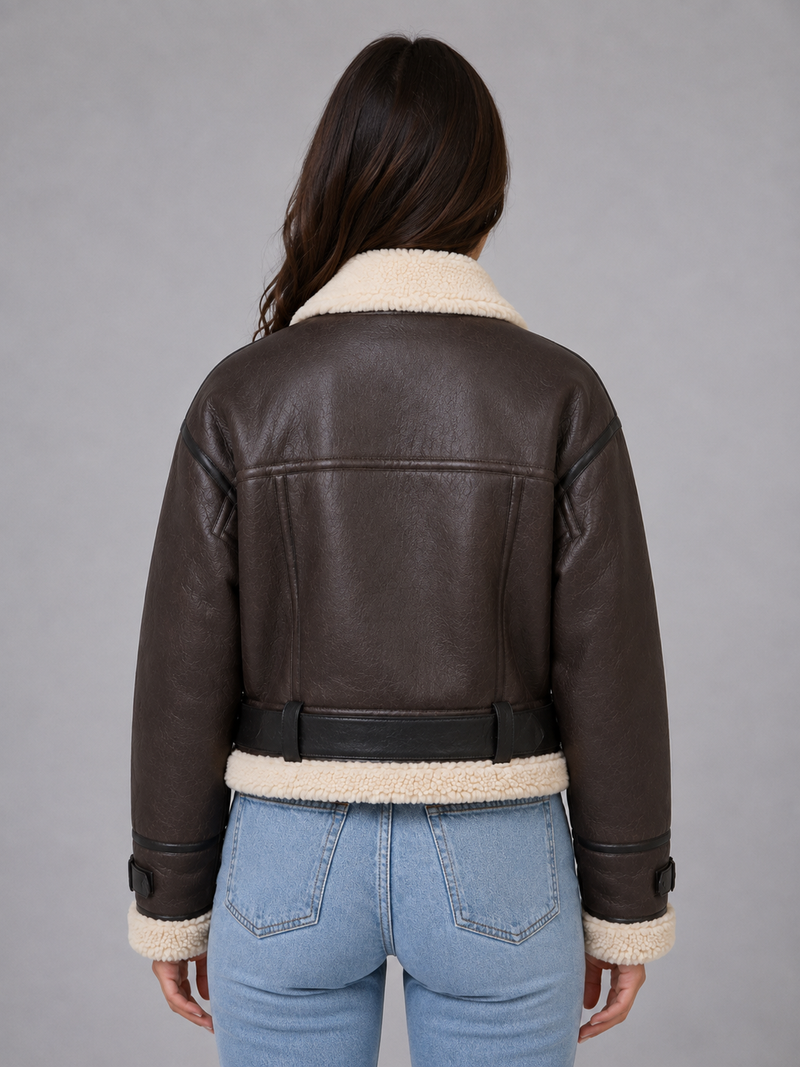 Women's Suede Look Cropped Aviator Jacket – Teddy Lined Biker Coat