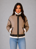 Women's Suede Look Cropped Aviator Jacket – Teddy Lined Biker Coat