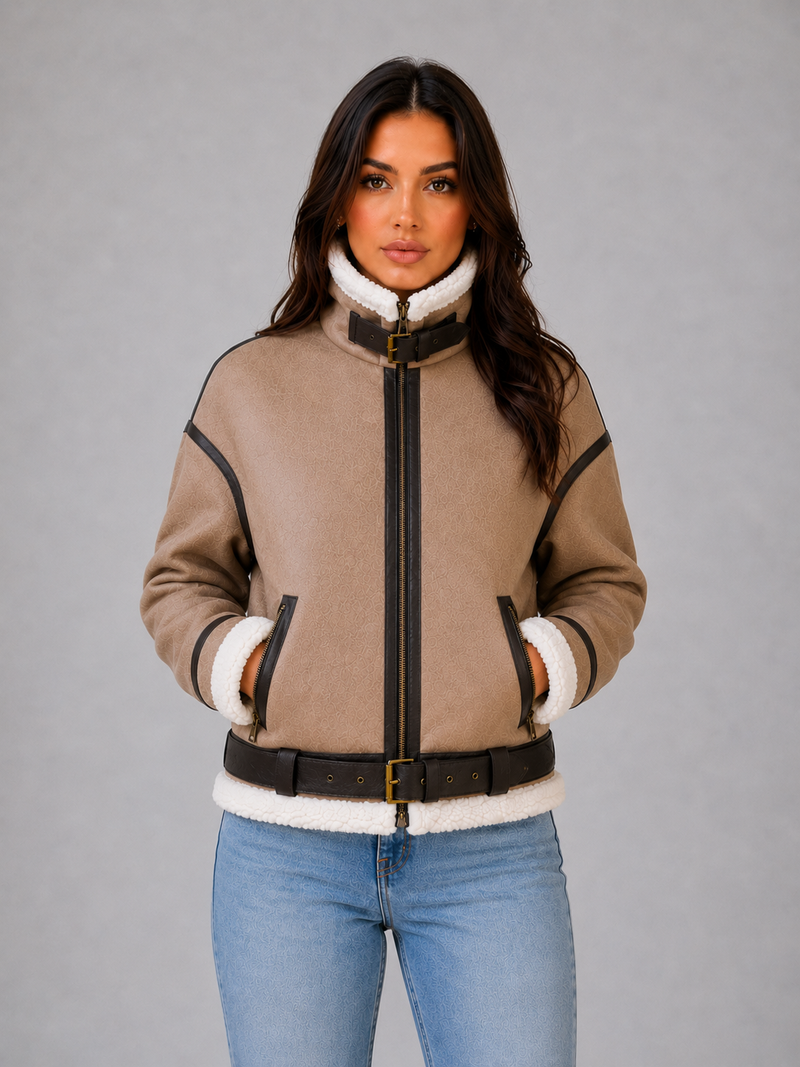Women's Suede Look Cropped Aviator Jacket – Teddy Lined Biker Coat