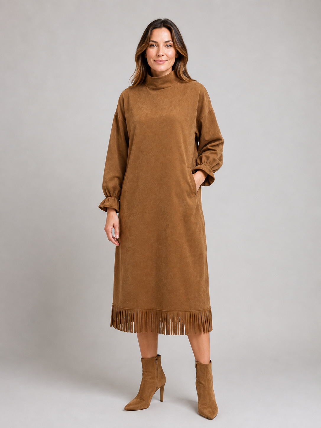 Women's Suede Look Midi Dress – High Neck Fringe Hem