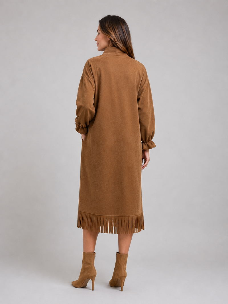 Women's Suede Look Midi Dress – High Neck Fringe Hem