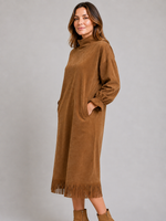 Women's Suede Look Midi Dress – High Neck Fringe Hem