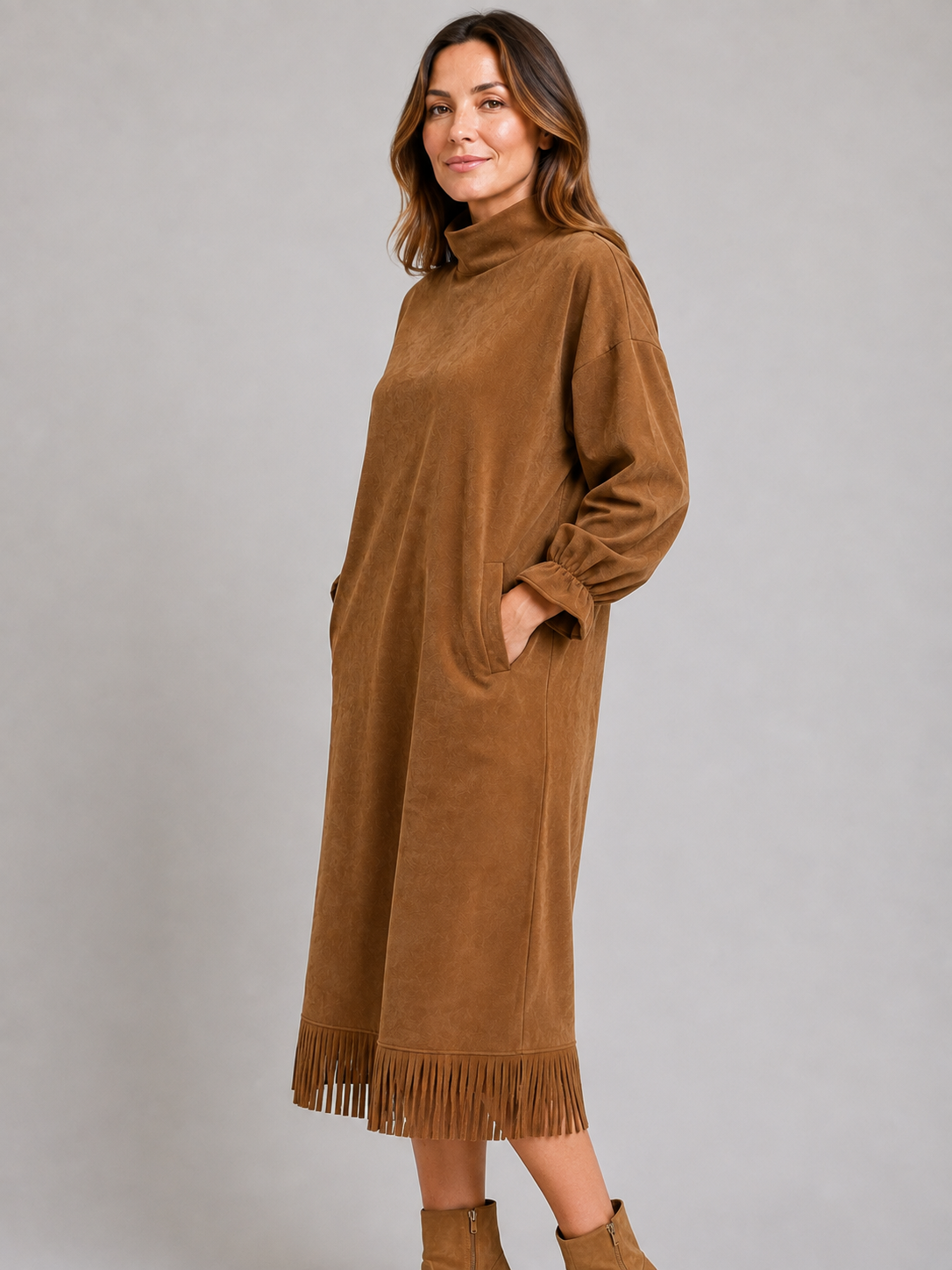 Women's Suede Look Midi Dress – High Neck Fringe Hem