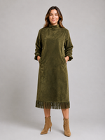Women's Suede Look Midi Dress – High Neck Fringe Hem