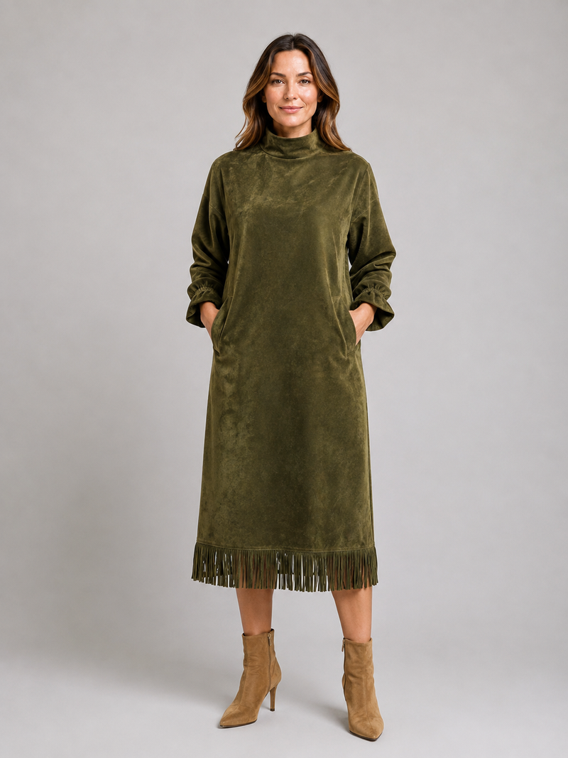 Women's Suede Look Midi Dress – High Neck Fringe Hem