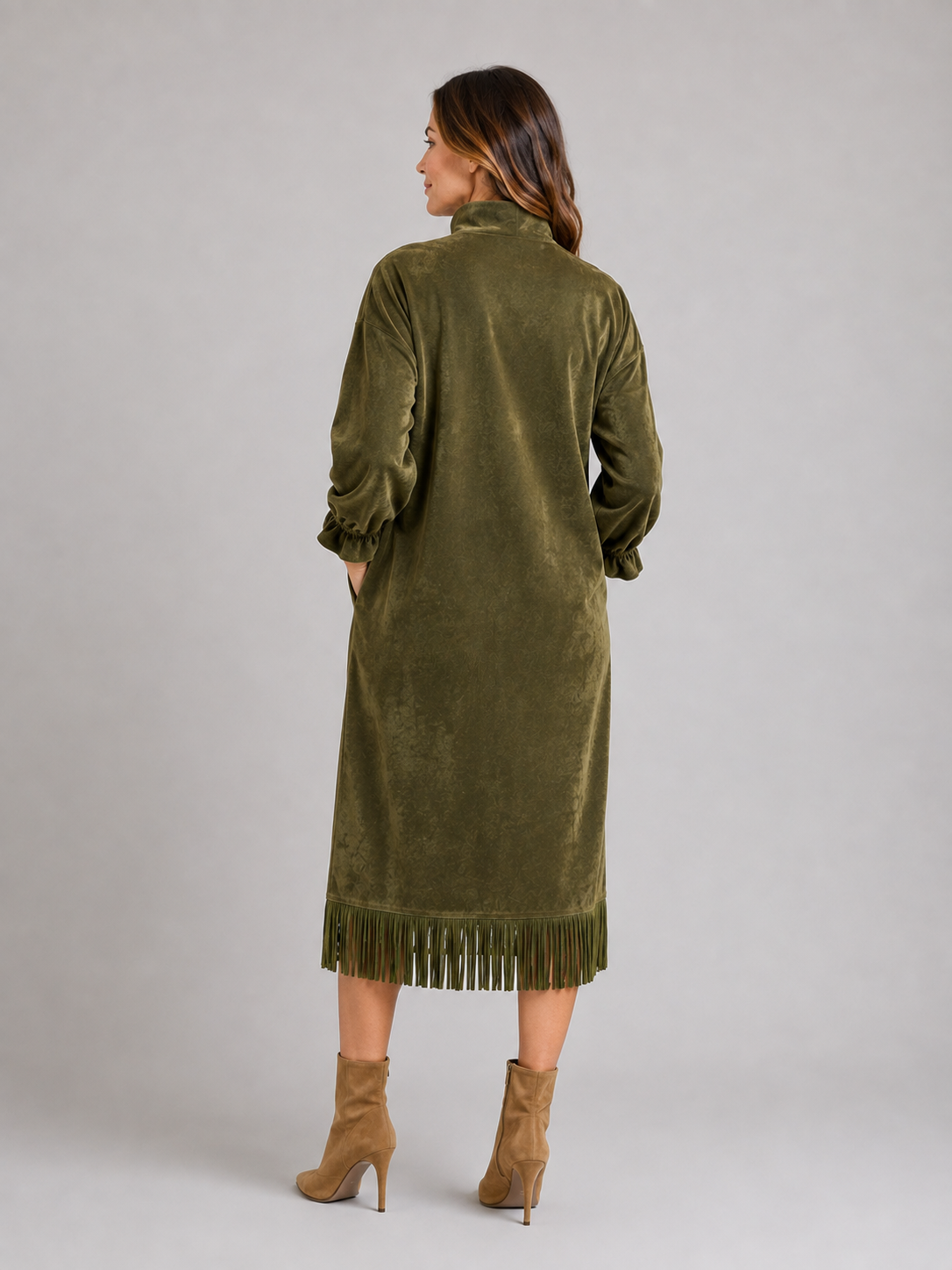 Women's Suede Look Midi Dress – High Neck Fringe Hem