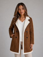 Women’s Suede Look Shearling Coat – Longline Teddy Trim Jacket