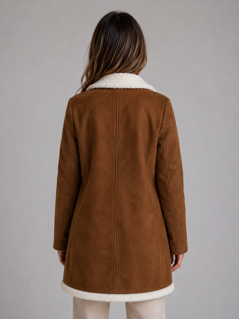 Women’s Suede Look Shearling Coat – Longline Teddy Trim Jacket