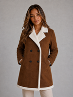 Women’s Suede Look Shearling Coat – Longline Teddy Trim Jacket