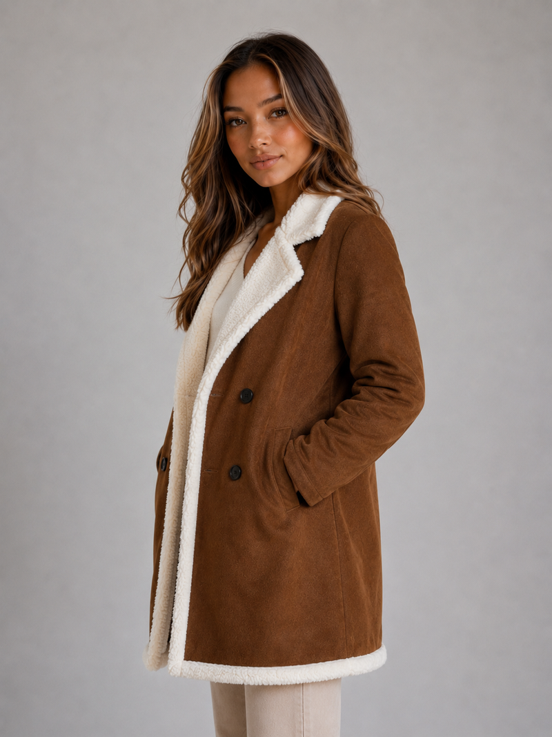 Women’s Suede Look Shearling Coat – Longline Teddy Trim Jacket