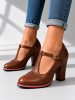 Women’s T-Bar Brogue Block Heel Shoes – Classic Leather Look Style