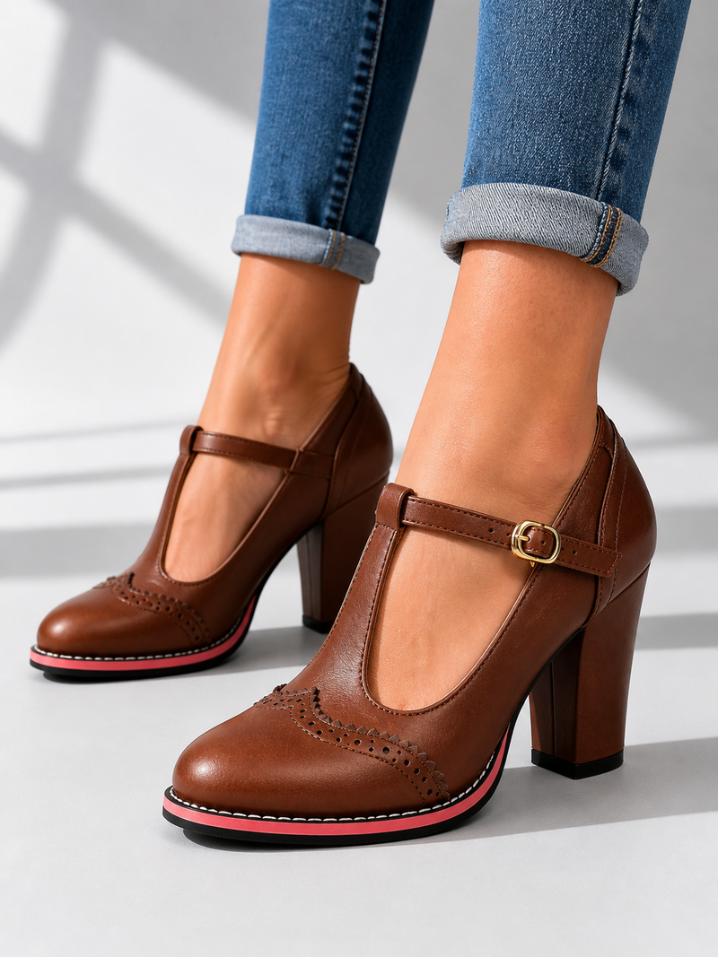 Women’s T-Bar Brogue Block Heel Shoes – Classic Leather Look Style