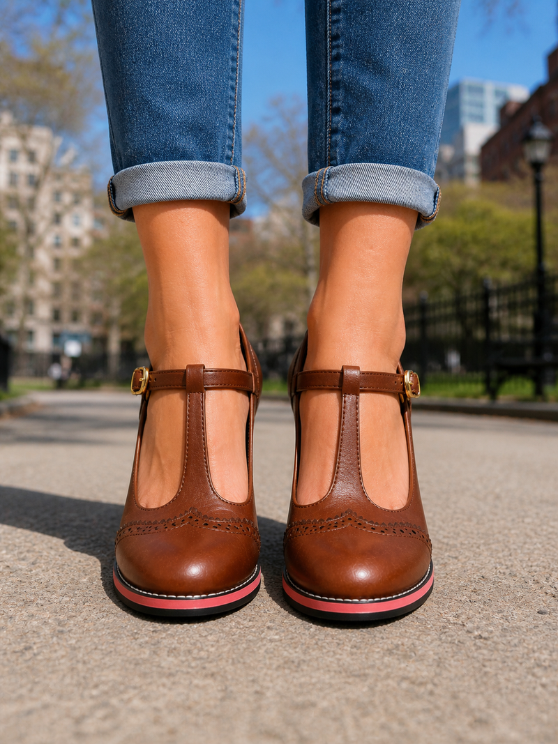 Women’s T-Bar Brogue Block Heel Shoes – Classic Leather Look Style