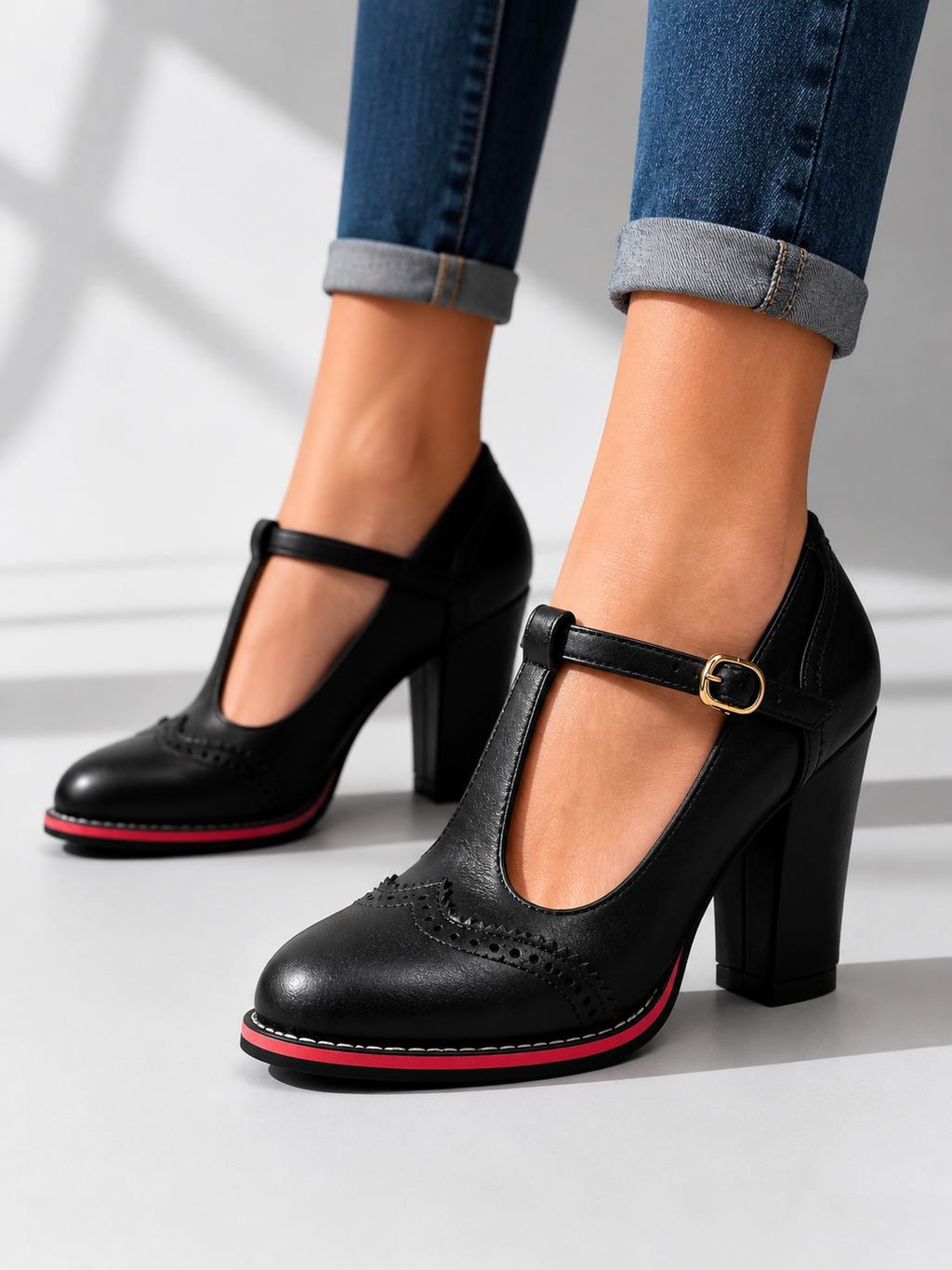 Women’s T-Bar Brogue Block Heel Shoes – Classic Leather Look Style