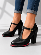 Women’s T-Bar Brogue Block Heel Shoes – Classic Leather Look Style