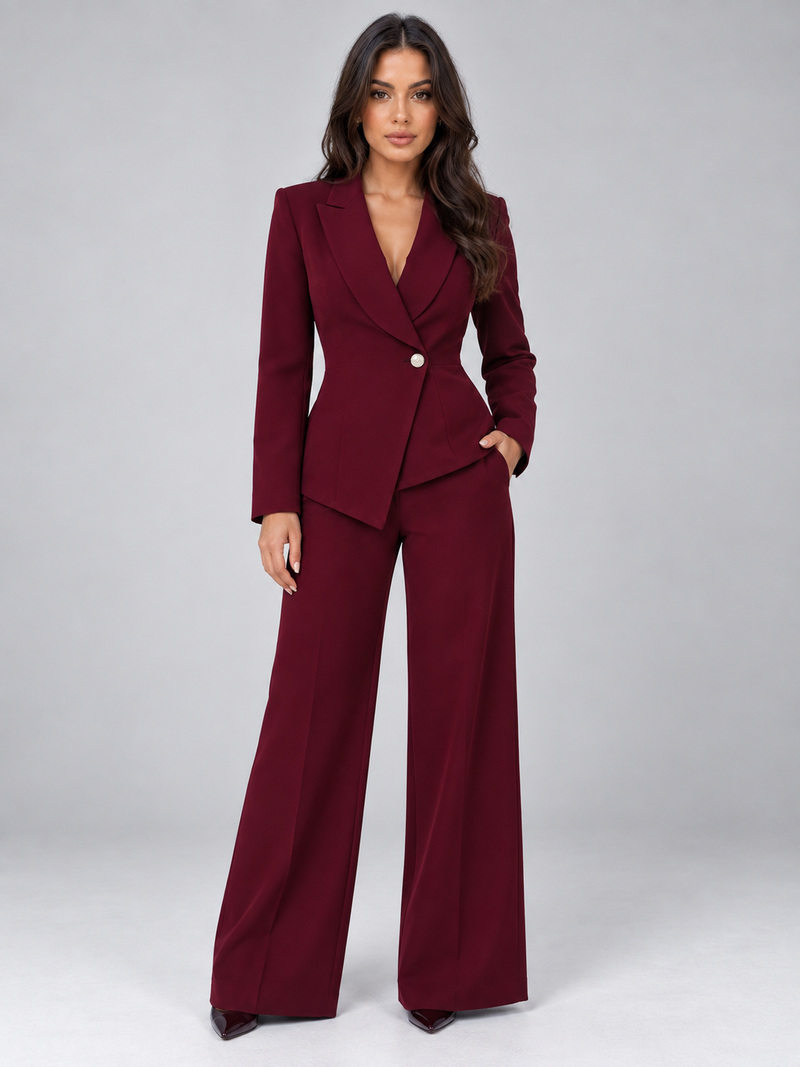 Women’s Tailored Two-Piece Trouser Suit – Belted Blazer & Wide Leg Trousers Set