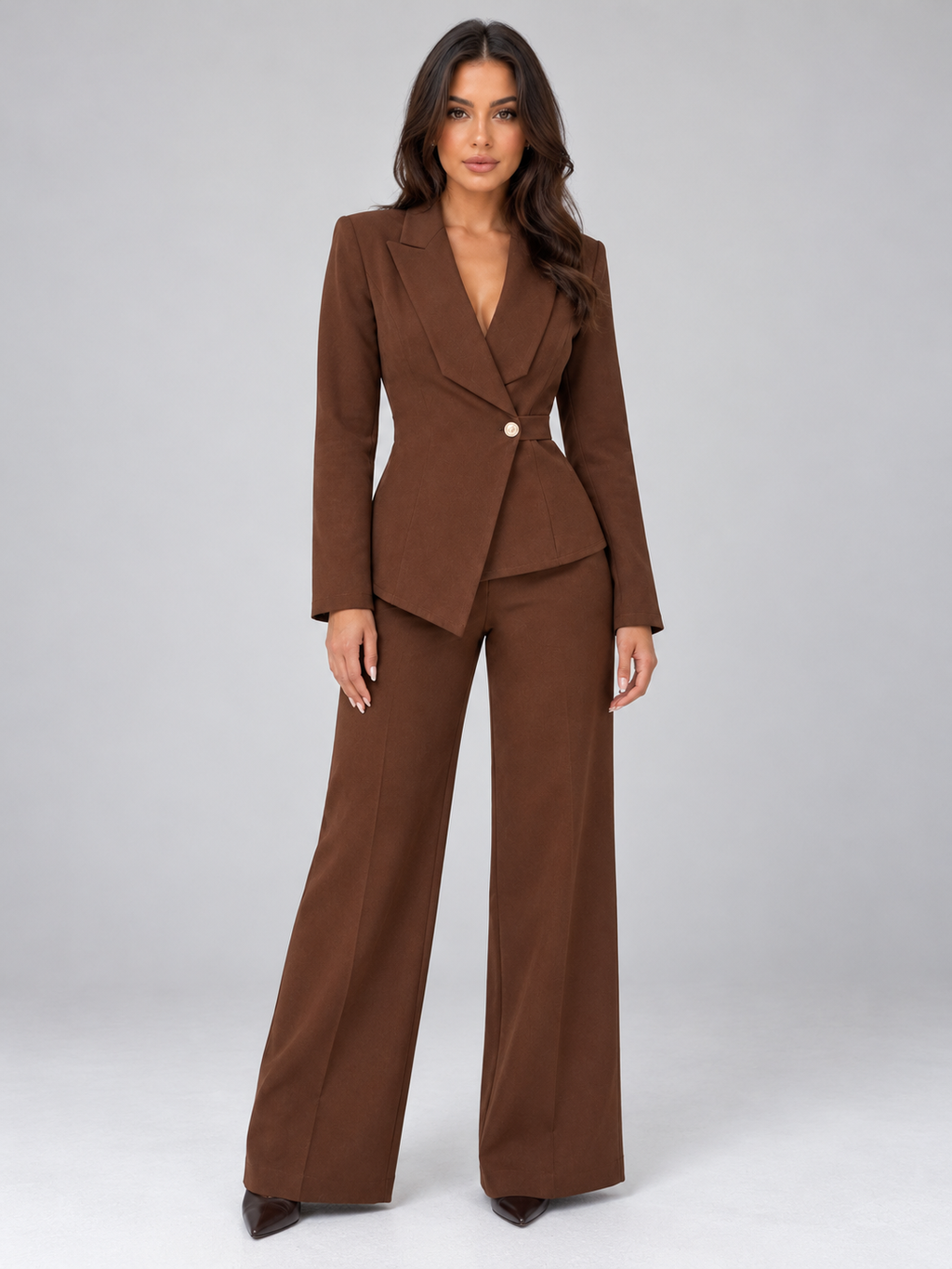 Women’s Tailored Two-Piece Trouser Suit – Belted Blazer & Wide Leg Trousers Set