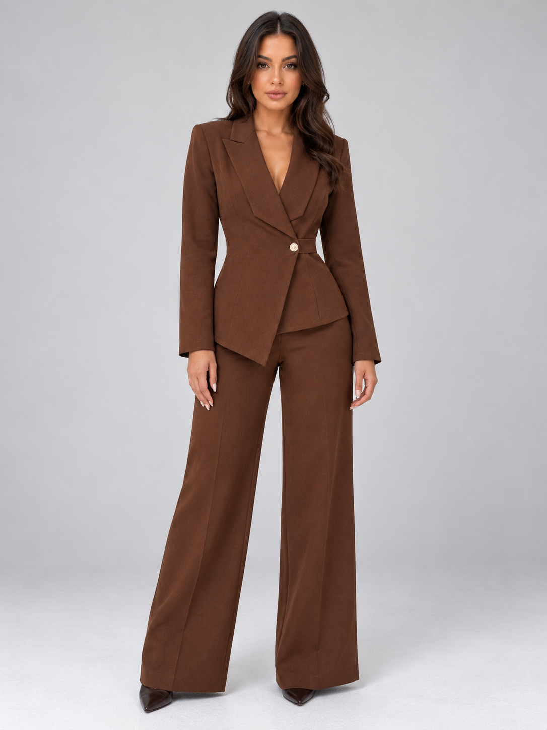 Women’s Tailored Two-Piece Trouser Suit – Belted Blazer & Wide Leg Trousers Set