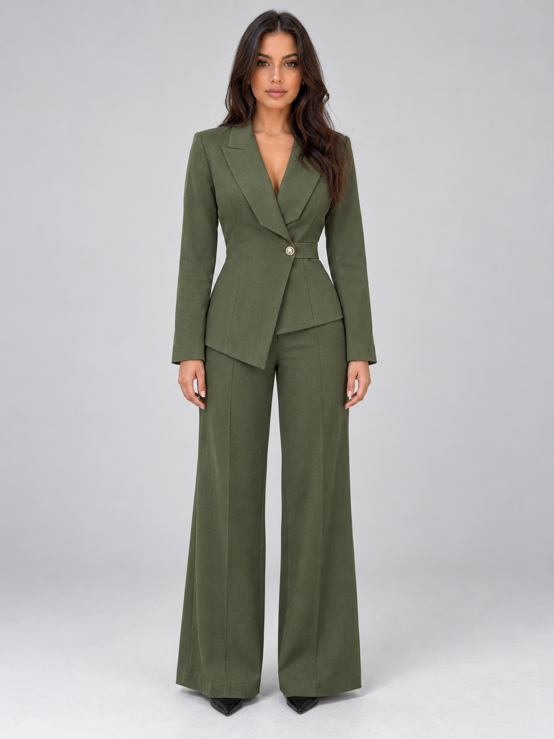 Women’s Tailored Two-Piece Trouser Suit – Belted Blazer & Wide Leg Trousers Set