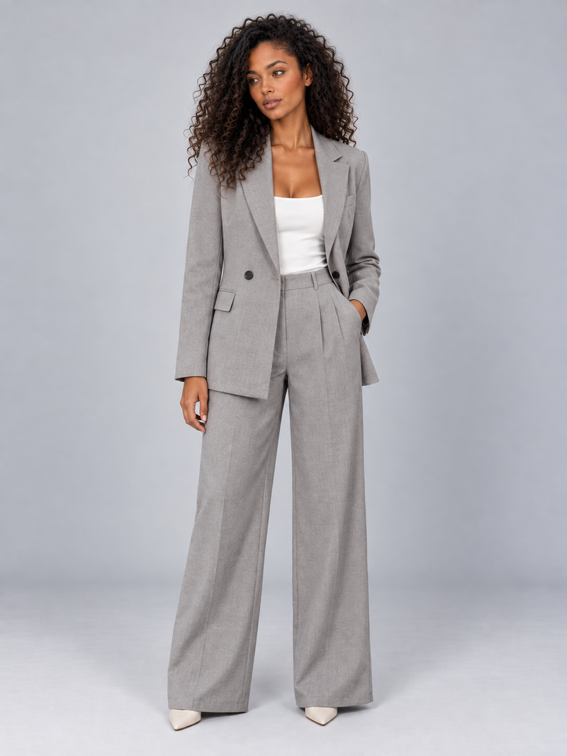 Women’s Tailored Two-Piece Trouser Suit – Double Breasted Blazer & Wide Leg Trousers Set