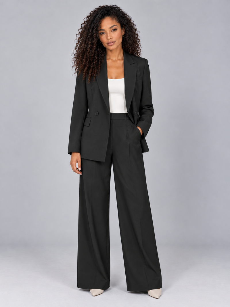 Women’s Tailored Two-Piece Trouser Suit – Double Breasted Blazer & Wide Leg Trousers Set