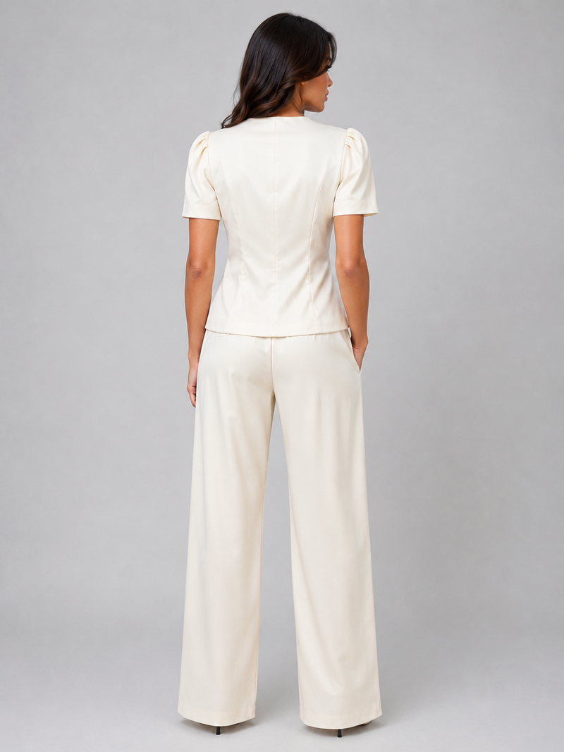 Women’s Tailored Two-Piece Trouser Suit – Short Sleeve Blazer & Wide Leg Trousers Set