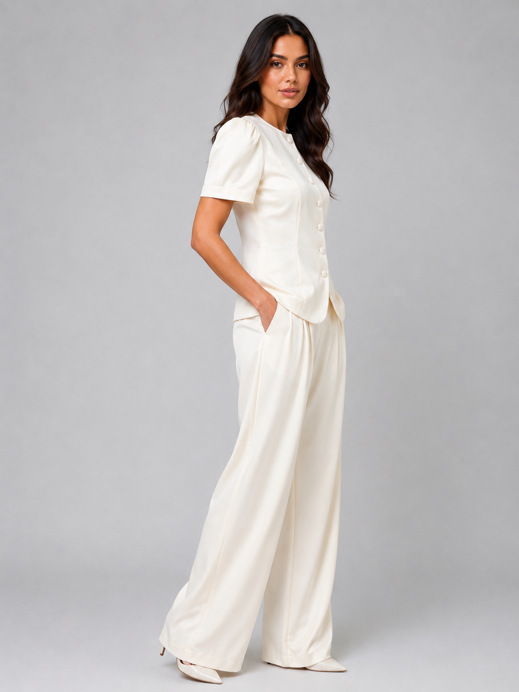 Women’s Tailored Two-Piece Trouser Suit – Short Sleeve Blazer & Wide Leg Trousers Set