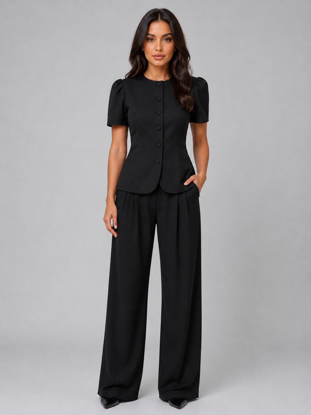 Women’s Tailored Two-Piece Trouser Suit – Short Sleeve Blazer & Wide Leg Trousers Set