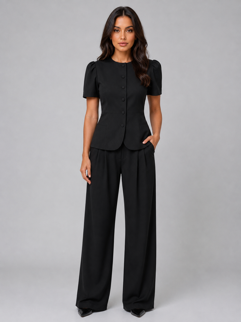 Women’s Tailored Two-Piece Trouser Suit – Short Sleeve Blazer & Wide Leg Trousers Set