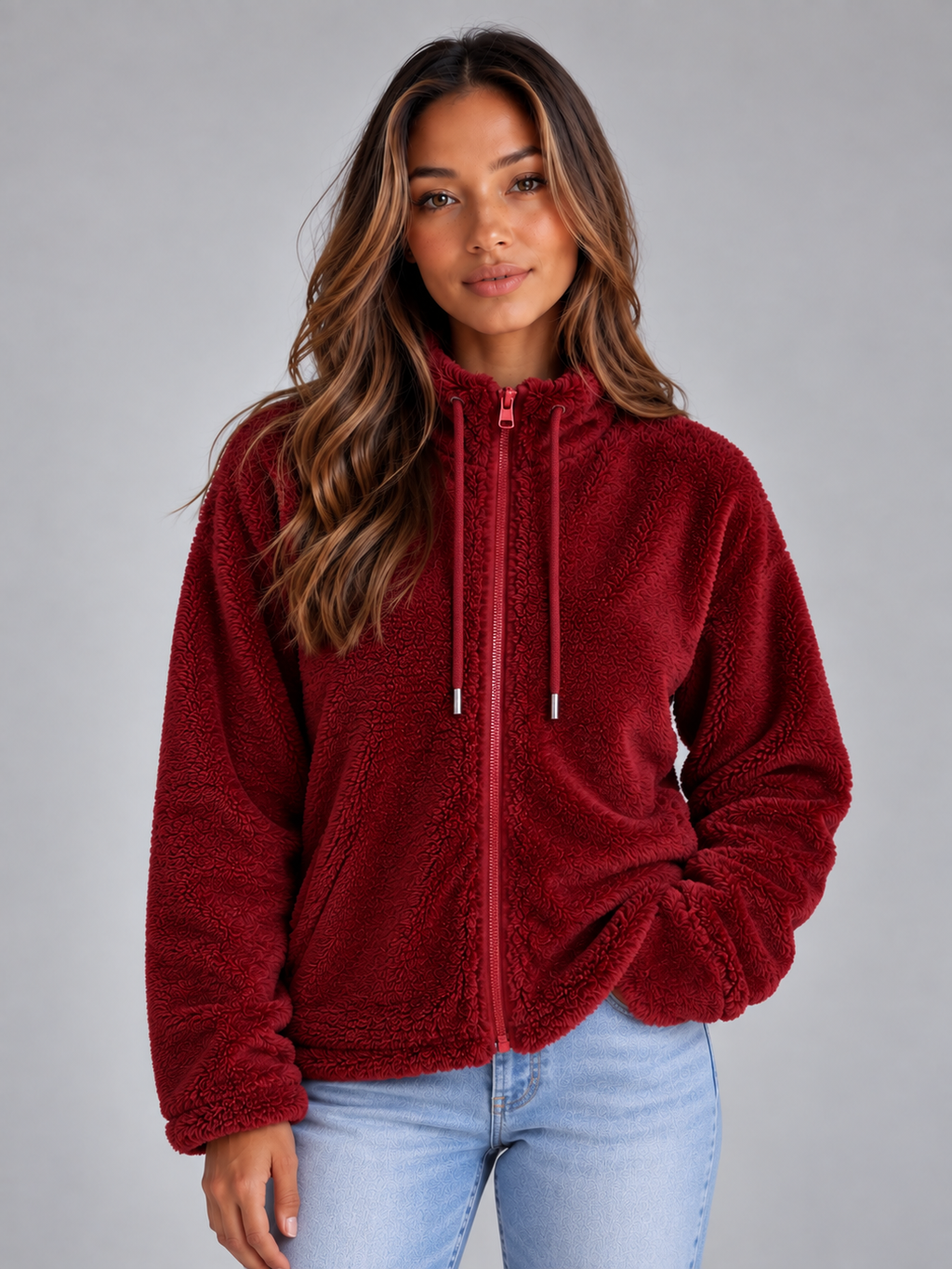 Women’s Teddy Fleece Zip-Up Jacket – Soft High Neck Jumper