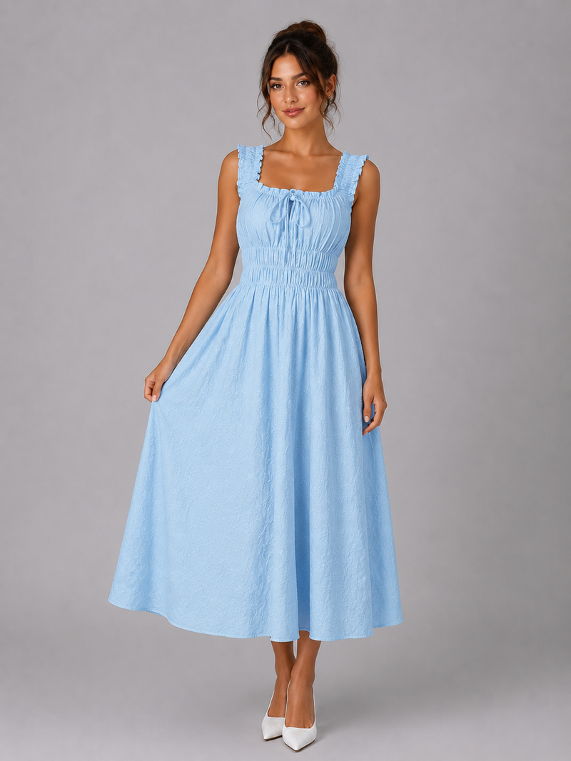 Women’s Textured Floral Midi Dress – Shirred Waist & Ruffle Detail