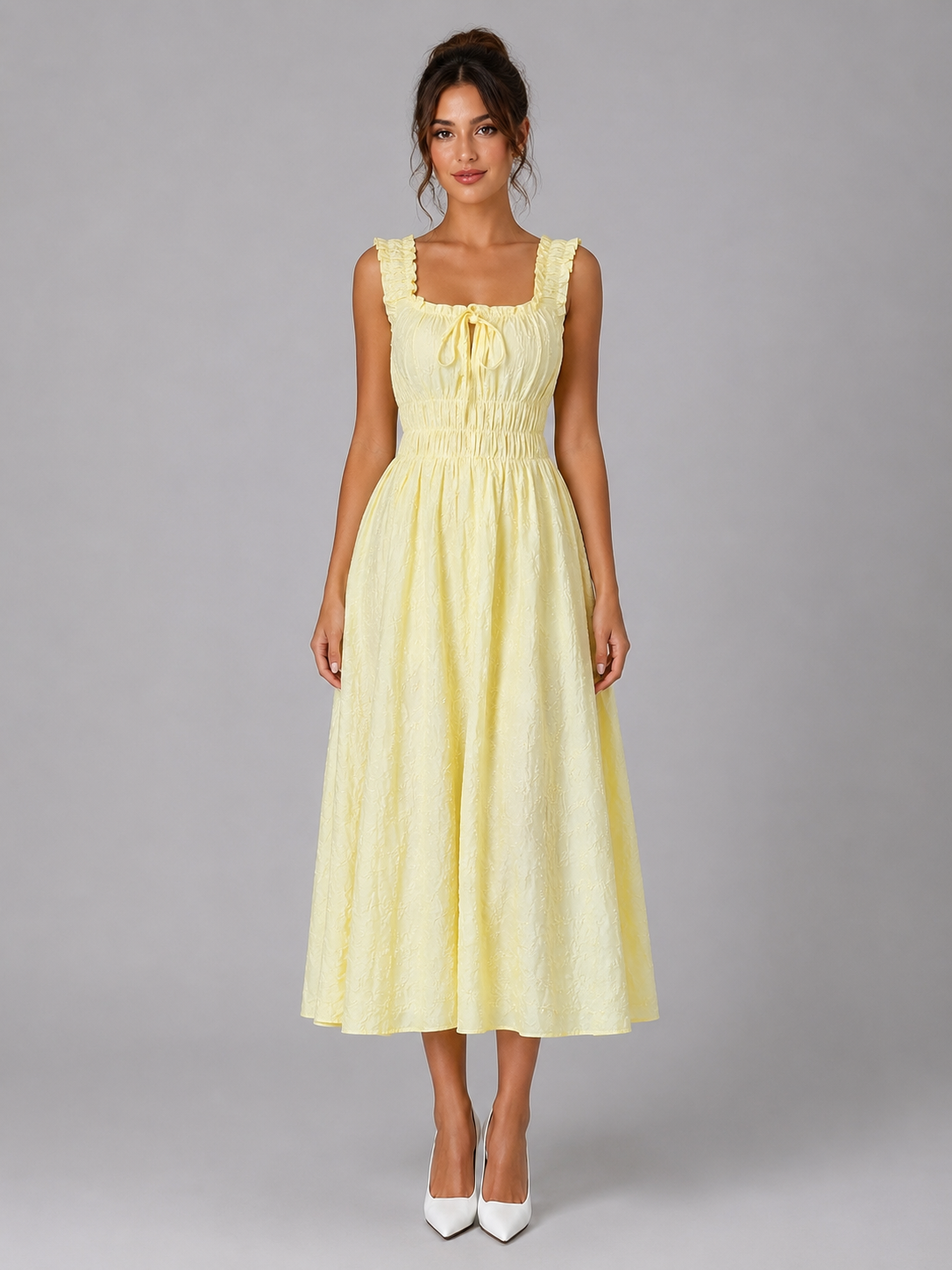 Women’s Textured Floral Midi Dress – Shirred Waist & Ruffle Detail