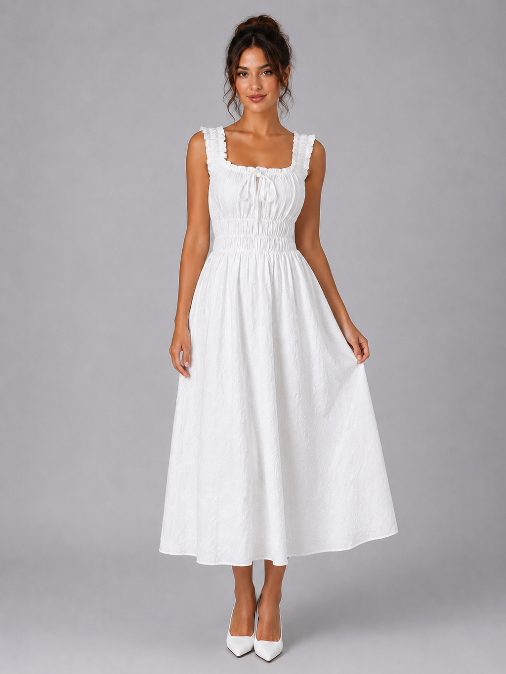 Women’s Textured Floral Midi Dress – Shirred Waist & Ruffle Detail