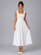 Women’s Textured Floral Midi Dress – Shirred Waist & Ruffle Detail