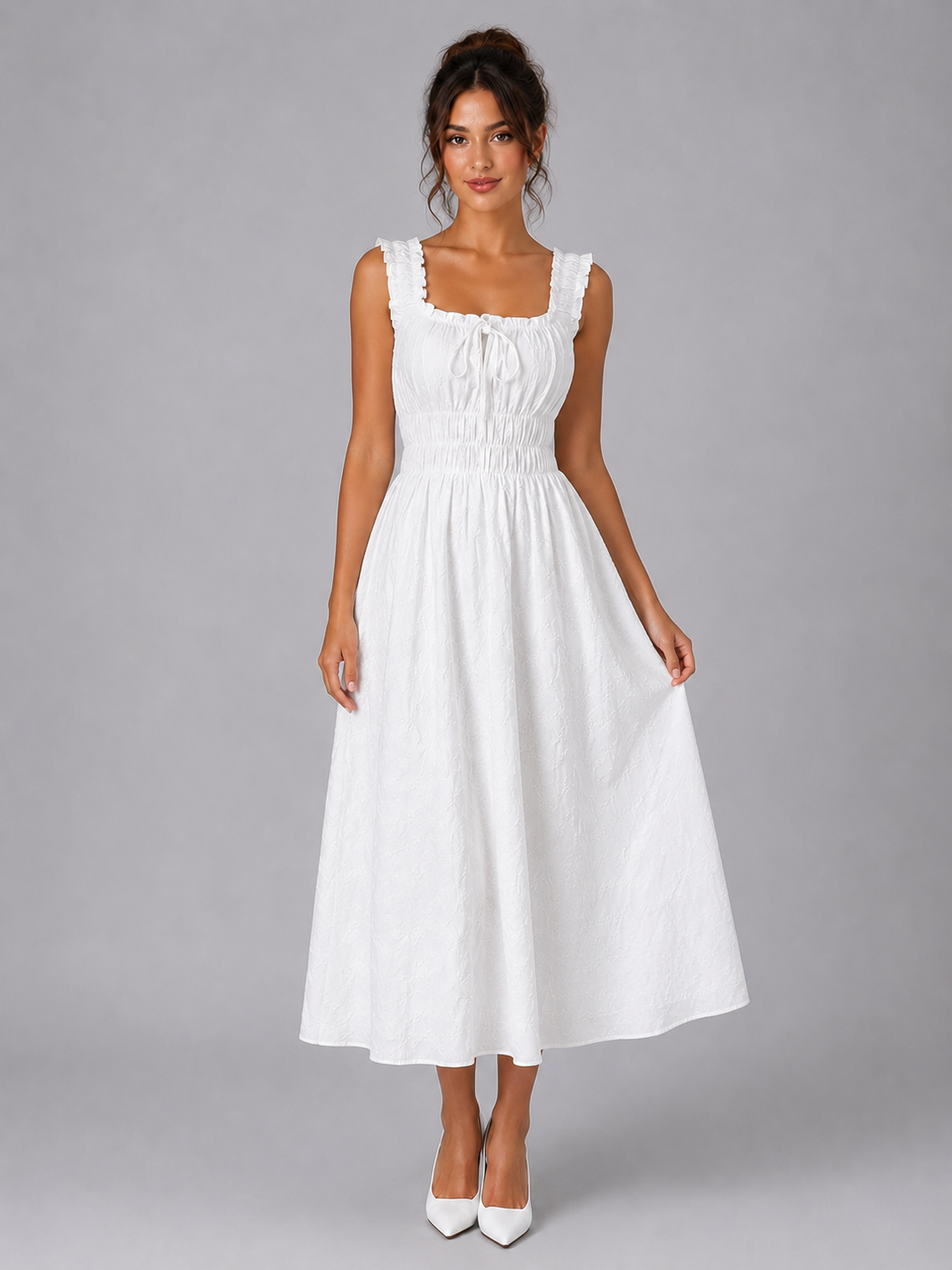 Women’s Textured Floral Midi Dress – Shirred Waist & Ruffle Detail